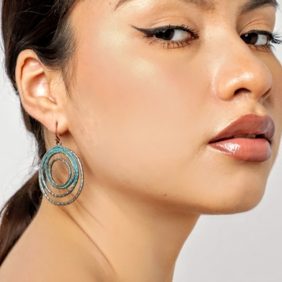 Boho Layered Circle Dangle Drop Earrings Vintage Petinaed Copper/Bronze Handmade - Picture 6 of 14